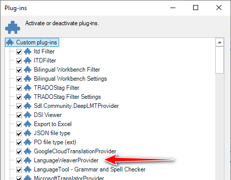 Screenshot of the Plug-ins window with a list of custom plug-ins. A red arrow points to the 'LanguageWeaverProvider' plugin, indicating its location among other plugins like 'ITD Filter', 'Bilingual Workbench Filter', and 'GoogleCloudTranslationProvider'.
