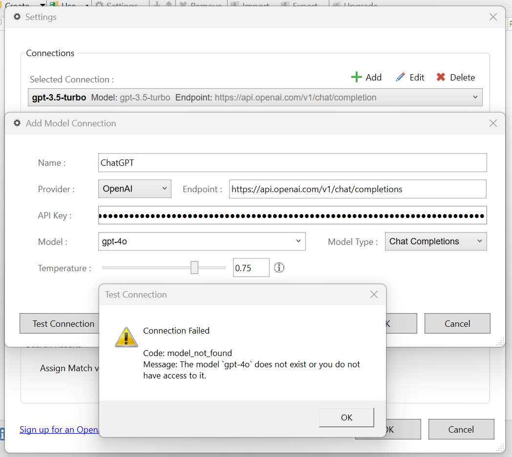 Screenshot of RWS AppStore Applications settings showing a failed connection test with an error message 'Connection Failed - Code: model_not_found. Message: The model 'gpt-4o' does not exist or you do not have access to it.'