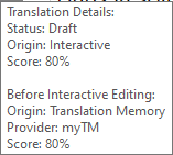 Translation Details box showing Status as Draft, Origin as Interactive with a Score of 80%, and Before Interactive Editing details with Origin from Translation Memory, Provider as myTM, and Score of 80%.