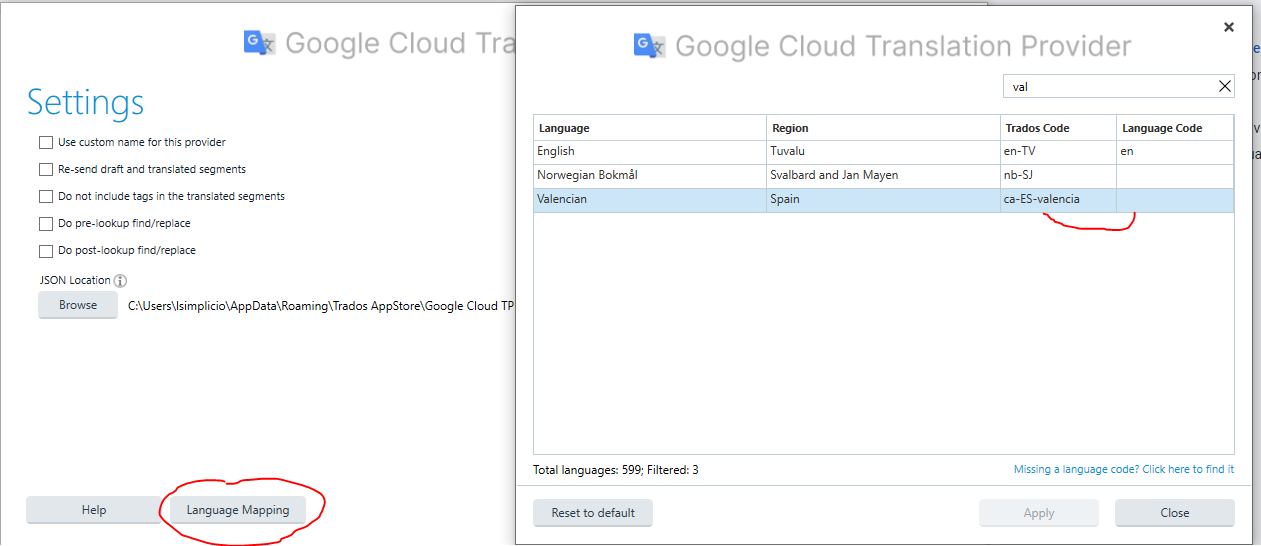 Screenshot of Google Cloud Translation Provider settings with a focus on Language Mapping option circled in red.