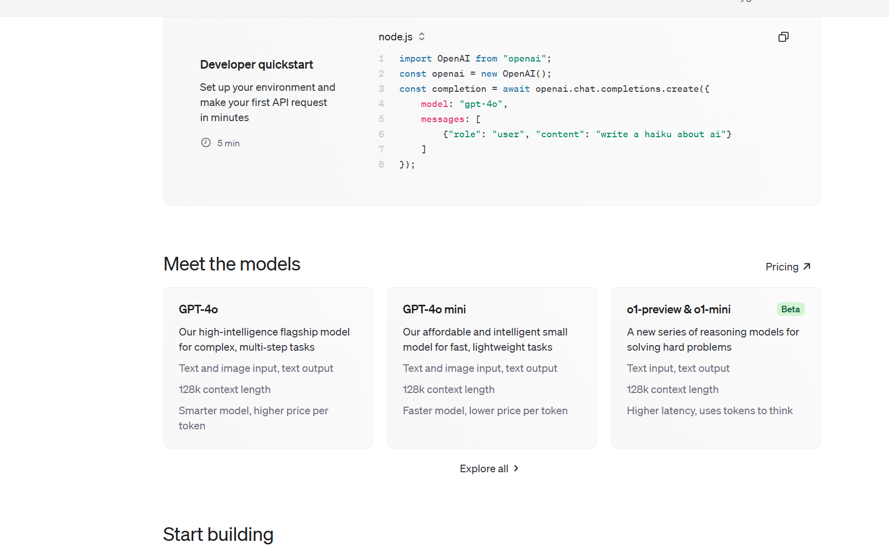Screenshot of a webpage with a 'Developer quickstart' guide, code snippet in node.js, and sections titled 'Meet the models' showcasing 'GPT-4o', 'GPT-4o mini', and 'o1-preview & o1-mini' with descriptions and 'Explore all' link.
