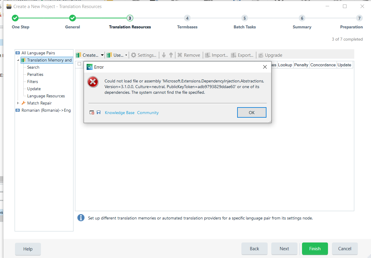 Error dialog in a software application stating 'Could not load file or assembly Microsoft.Extensions.DependencyInjection.Abstractions, Version=3.1.0.0' with an OK button.