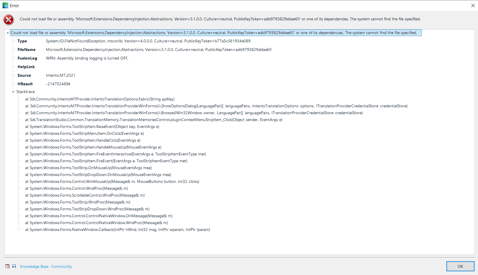 Detailed error message window showing a file not found exception for 'Microsoft.Extensions.DependencyInjection.Abstractions, Version=3.1.0.0' with a stack trace and an OK button.