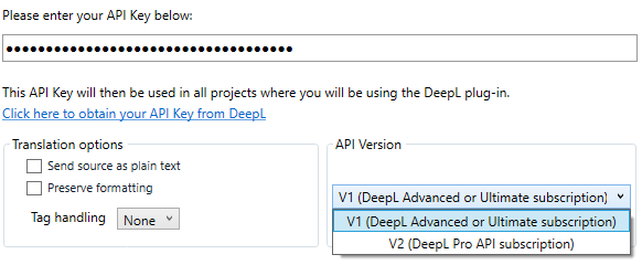 Screenshot of a settings panel for DeepL plugin with an obscured API key field, translation options, and API version selection.