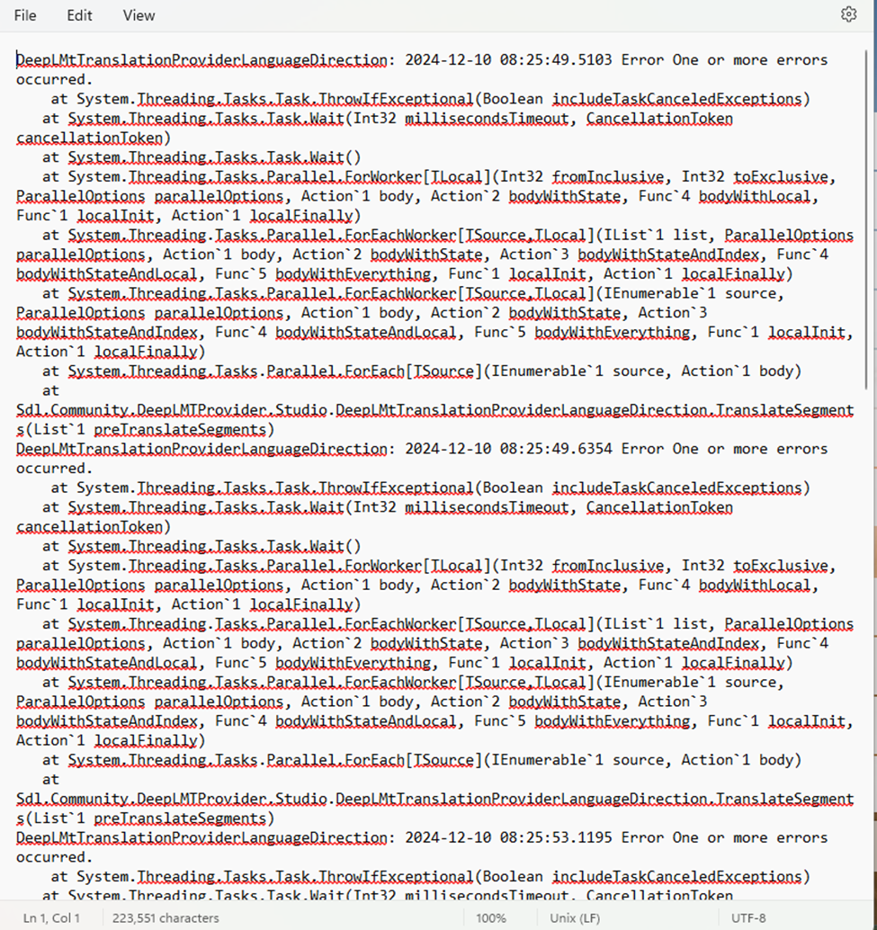 Screenshot of an error log with multiple entries stating 'Error One or more errors occurred.' from a DeepLMTTranslationProvider in an application, with stack traces showing 'Task.Wait' and 'Parallel.ForEach' methods.