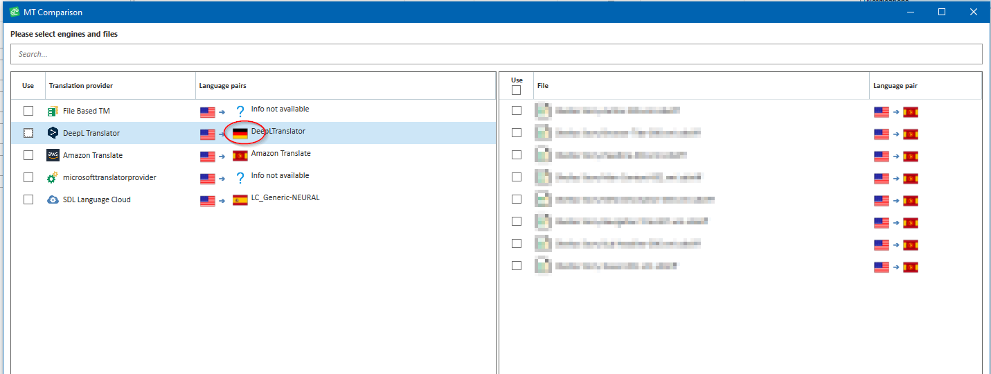 Screenshot of MT Comparison tool with a list of translation providers. DeepL Translator is highlighted with a red error icon and a tooltip showing 'DeepLTranslator'.