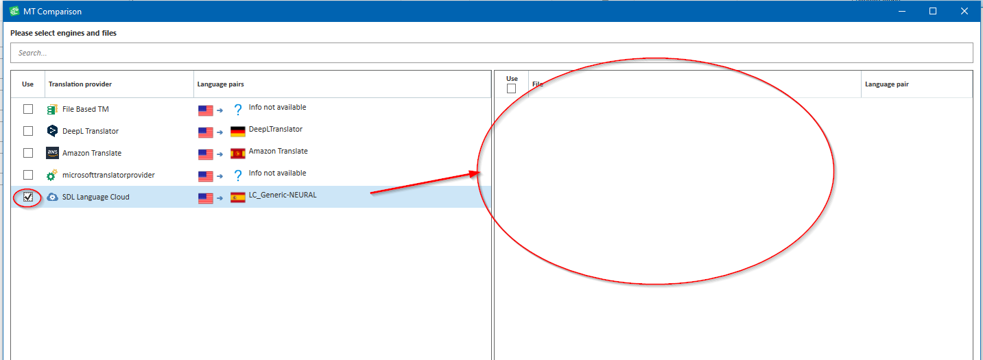 Screenshot of MT Comparison tool with a list of translation providers. SDL Language Cloud is highlighted with a red error icon without a tooltip.