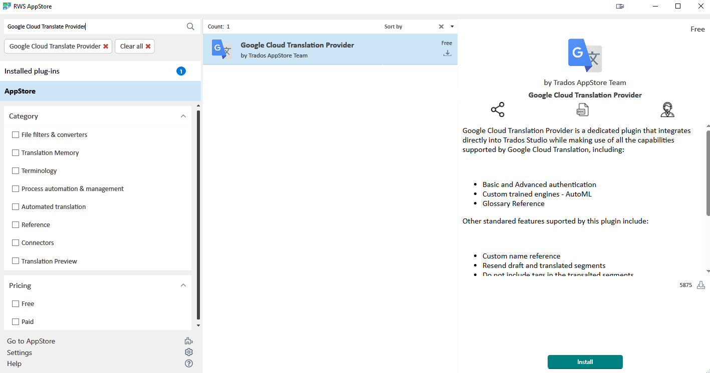 RWS AppStore window with a search for Google Cloud Translate Provider, showing the plugin available for installation.