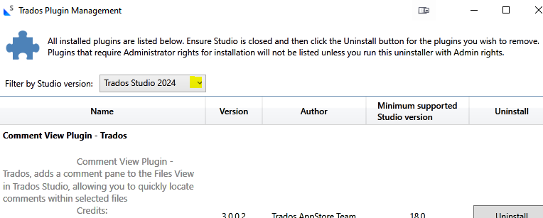 Trados Plugin Management window showing a list of installed plugins with the option to filter by Studio version, set to Trados Studio 2024.