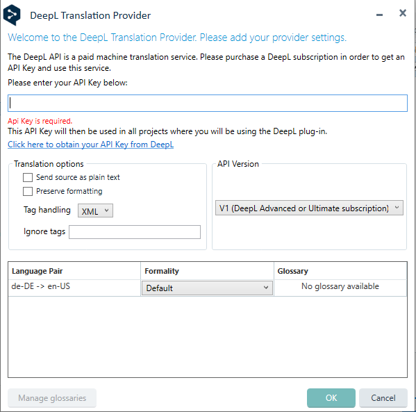 Screenshot of DeepL Translation Provider settings window with a message prompting to enter an API Key. The 'Tag handling' option is set to 'XML'.
