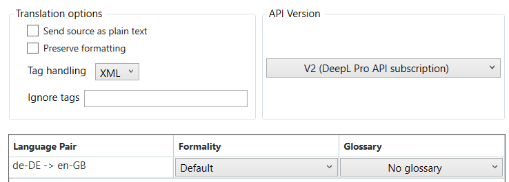 Screenshot of translation software settings with options for translation, tag handling set to XML, API version, language pair de-DE to en-GB, formality, and glossary.