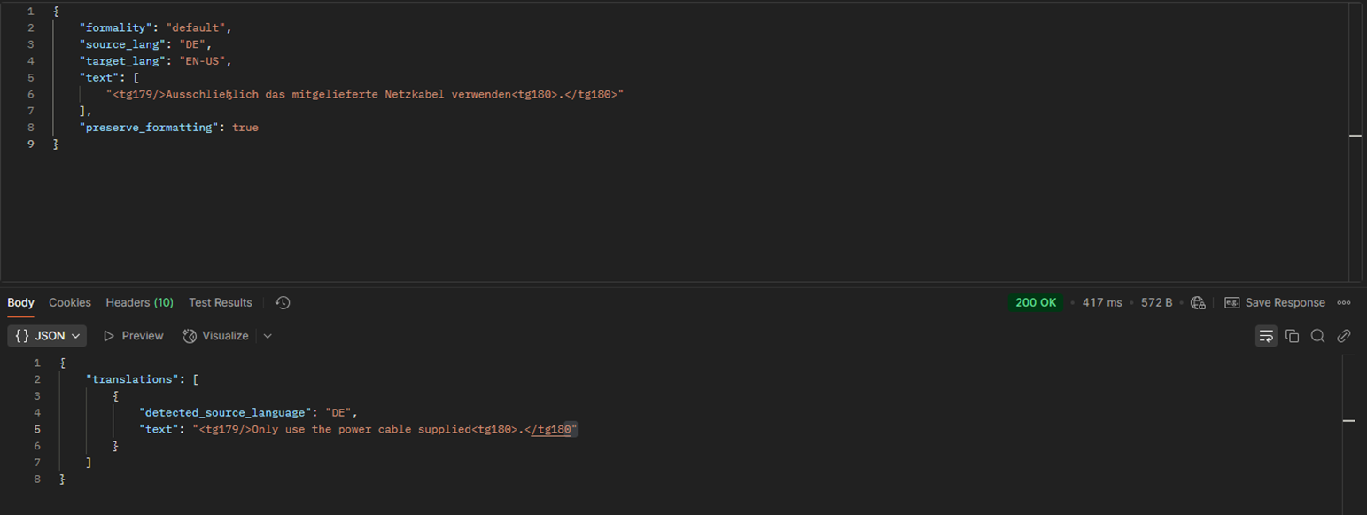 Screenshot of a JSON request and response in a code editor, showing a translation error where text elements are not enclosed in brackets.