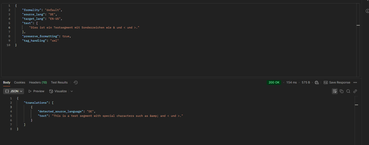 Screenshot of a JSON request and response in a code editor. The request includes parameters for language translation from German to English with XML tag handling. The response shows the translated text with special characters encoded as HTML entities.