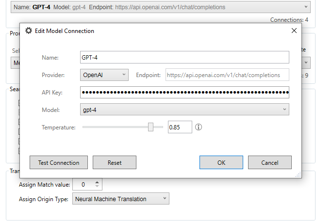 Screenshot of an 'Edit Model Connection' dialog box with fields for Name, Provider, Endpoint, API Key, Model, and Temperature. The Name is set to 'GPT-4', Provider to 'OpenAI', Endpoint to a URL, and Model to 'gpt-4'. A slider for Temperature is set to 0.85.