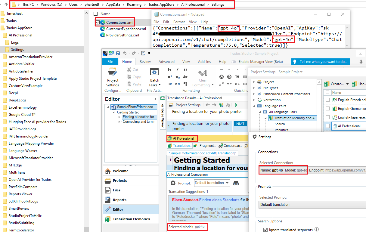 Screenshot of a computer desktop with multiple windows open. The main focus is on a Notepad file named 'Connections.xml' with JSON configuration for a 'gpt-4.0' model. Other windows include a file explorer showing 'Trados AppStore' directory and a 'Trados Studio' application with a project settings pane highlighting 'gpt-4.0' as the selected model.