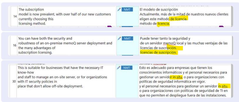 Screenshot of a text comparison between English and Spanish translations with highlighted sections indicating duplicated text. The English side shows phrases about subscription models and on-premise server advantages, while the Spanish side includes translations of these phrases with duplicated words 'metodo de licencia' and 'licencias de suscripcion'.