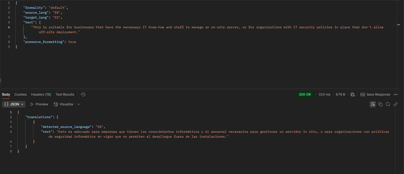 Screenshot of a JSON request and response in a web API interface, showing a translation error with incorrect translated text in the response.