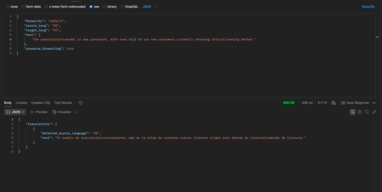 Screenshot of a JSON request and response in a web API interface, showing a translation error with duplicated text in the response.