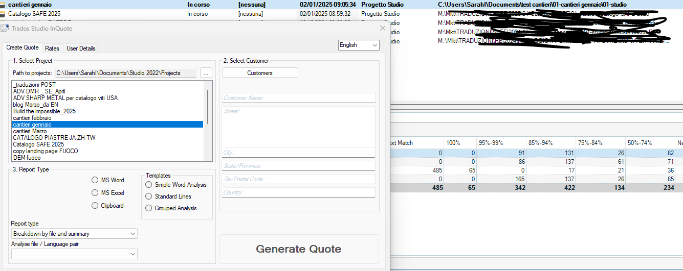 Screenshot of a software interface with a project list, highlighting 'cantieri gennaio' as a local project in progress. The interface includes sections for creating a quote, selecting a project, and report type.
