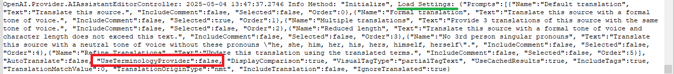 Log file showing settings initialization with 'UseTerminologyProvider' field highlighted as false.