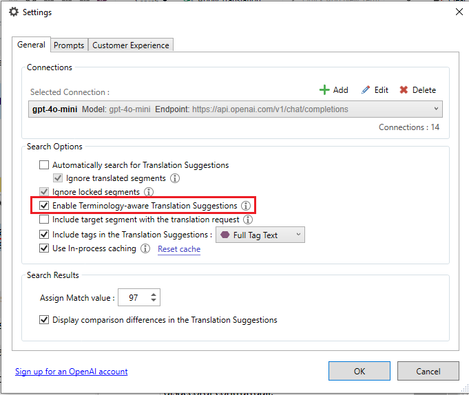Settings window with 'Enable Terminology-aware Translation Suggestions' checkbox highlighted as selected.