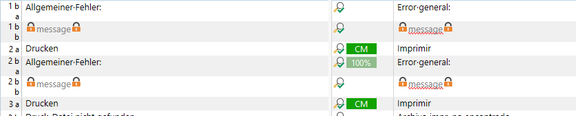 Table view showing translation segments with locked variables marked by orange padlock icons. Columns include source text, target text, and translation status.