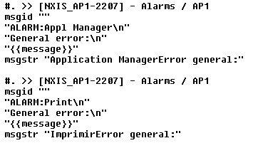 Code snippet showing PO file content with msgid and msgstr fields. Variables are enclosed in double curly braces and include text like 'General error' and 'message'.