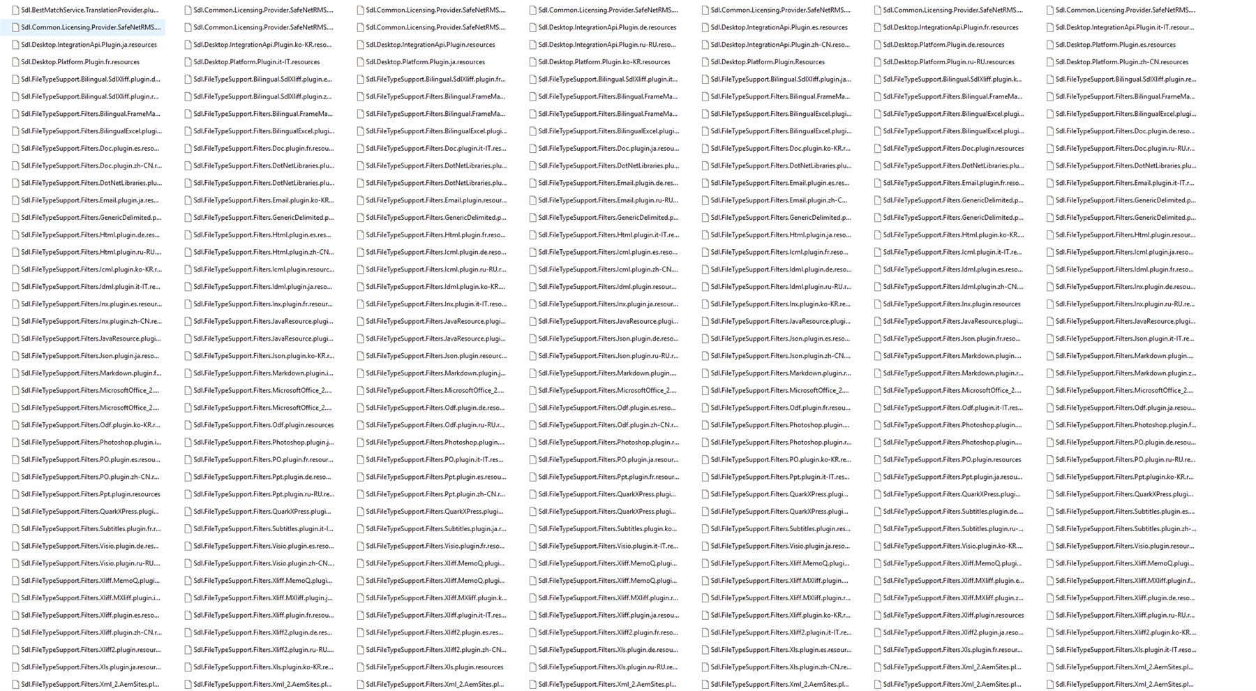 Screenshot showing additional plugin files, including SDL plugins such as Common.Licensing.Provider, Desktop.Platform, and FileTypeSupport.Filters.