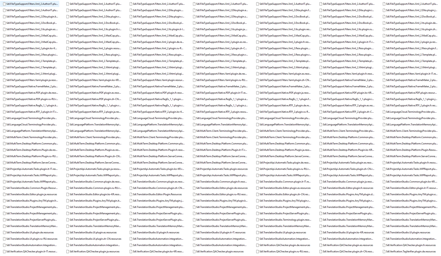 Screenshot displaying an extended list of plugin files, including SDL plugins like MultiTerm.Client, TranslationStudio.Editor, and QA Checker.