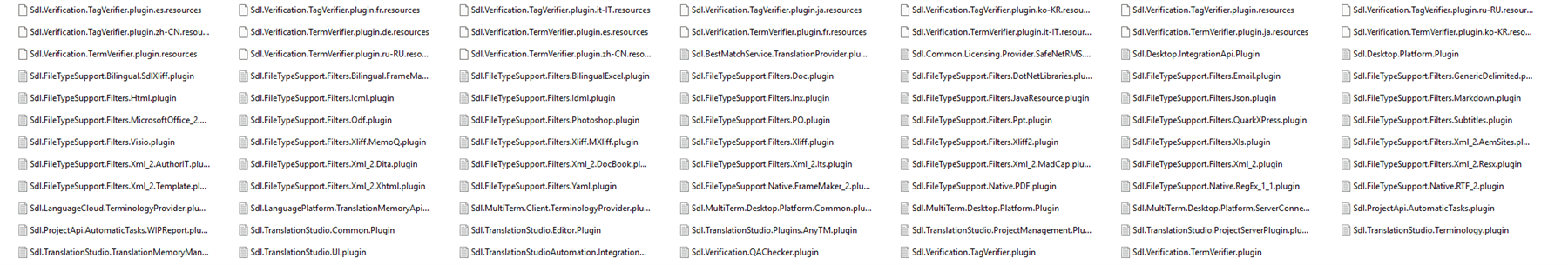 Screenshot showing a list of plugin files in the folder, including various SDL plugins such as TagVerifier, TermVerifier, and FileTypeSupport.Filters.