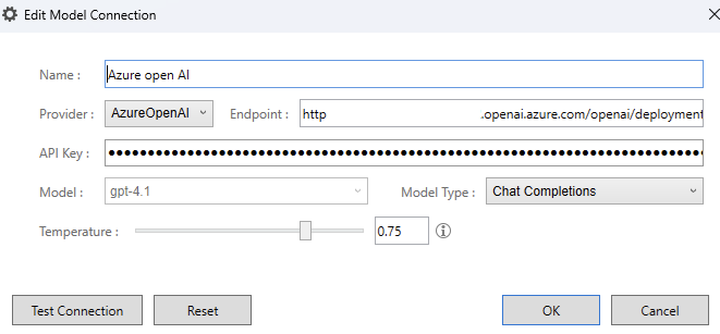 Edit Model Connection window for Azure OpenAI, showing fields for name, provider, endpoint, API key, model, model type, and temperature slider.