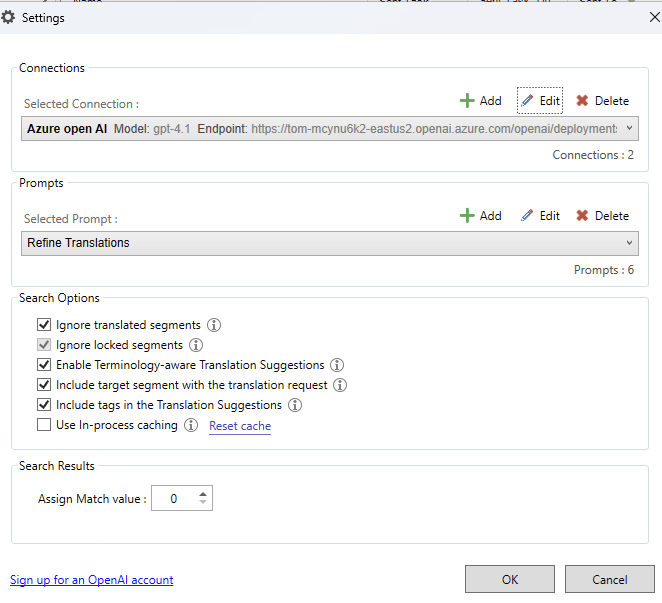 Settings window showing connections, prompts, and search options for refining translations, with options like ignoring translated segments and enabling terminology-aware suggestions.