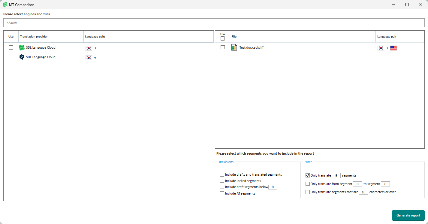 MT Comparison window showing translation providers, language pairs, and file selection. Korean to English language pair is displayed, but the destination language is not visible.