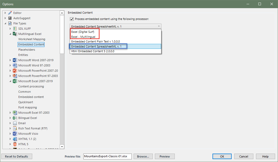 Options window showing Embedded Content settings for Multilingual Excel with a dropdown menu listing processors, including Excel (Digital Surf) and Embedded Content SpreadsheetML v. 1.