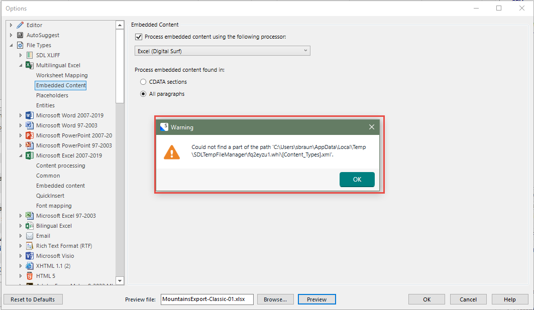 Warning message in the Embedded Content settings window stating 'Could not find a part of the path C:Users...SDLTempFileManager...Content_Types.xml'.