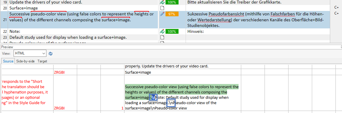 Preview window displaying source and target text side-by-side, with highlighted segments and translation suggestions for a pseudo-color view description.