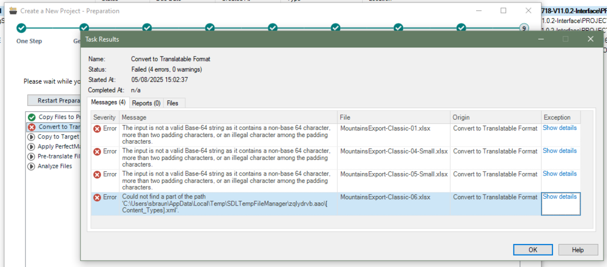 Task Results window showing 'Convert to Translatable Format' failed with 4 errors and 0 warnings. Errors include invalid Base-64 string and missing file path for MountainsExport-Classic files.