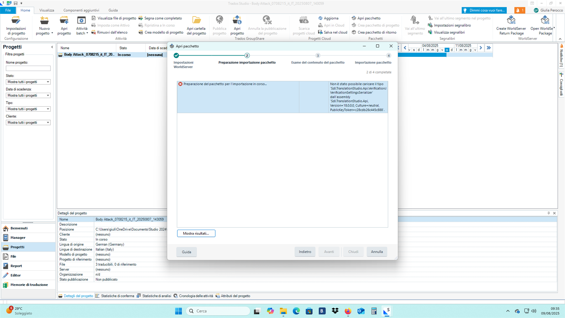 Trados Studio interface showing an error during the package import process. The error message states that the type 'Sdl.TranslationStudio.Api.Verification.ISettingsSerializer' could not be loaded.