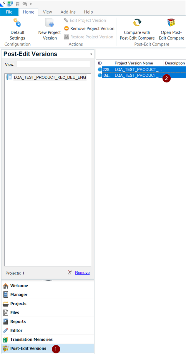 Post-Edit Versions view in Trados Studio with two project versions selected for comparison.