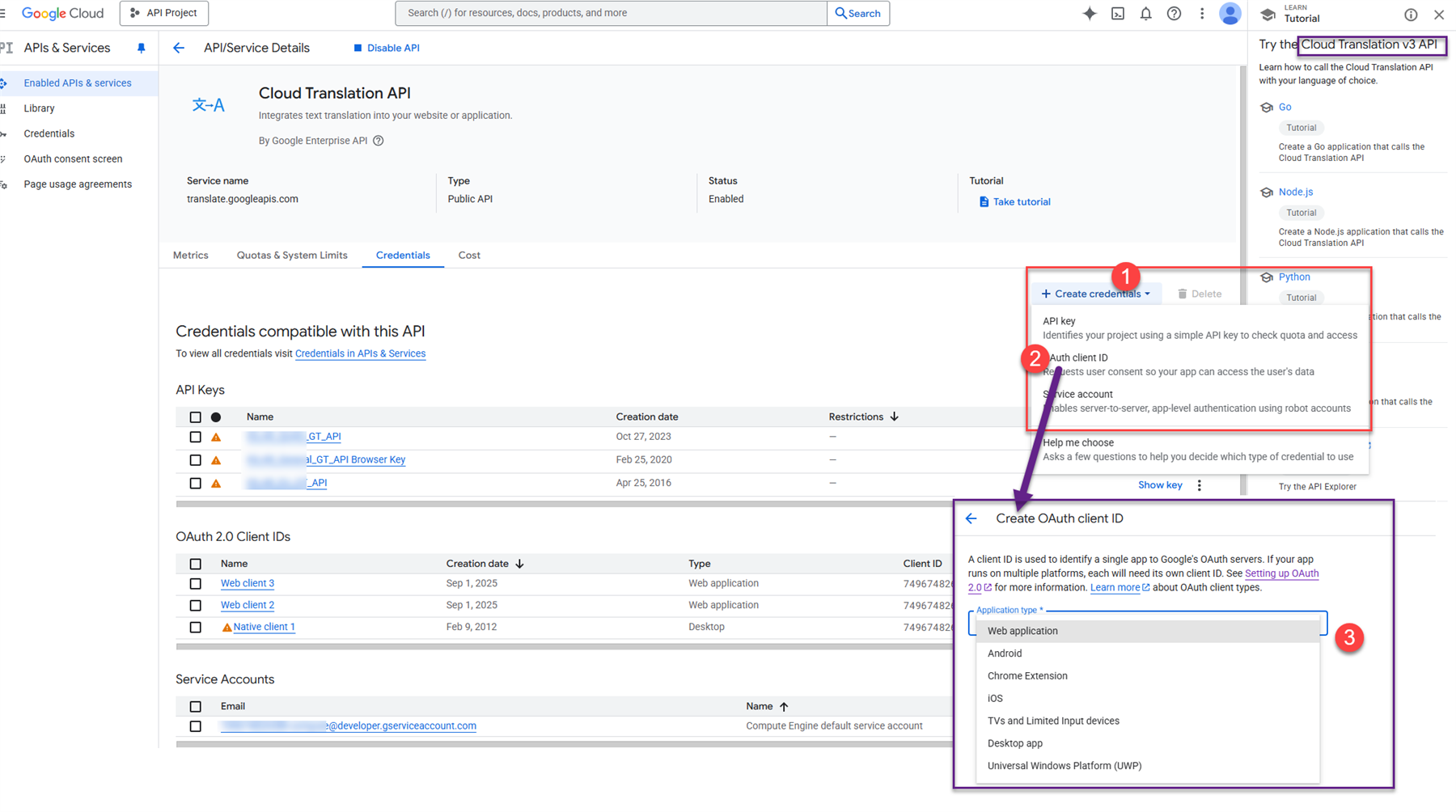 Google Cloud dashboard showing Cloud Translation API details, credentials section, and options to create API key, OAuth client ID, or service account.