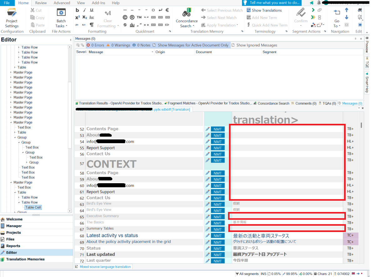 Screenshot of Trados Studio 2024 Editor view showing a list of segments with some target segments left blank despite NMT being applied. Red boxes highlight the blank target segments.