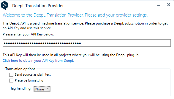 DeepL Translation Provider settings window with 'Preserve formatting' unchecked and 'Tag handling' set to None.