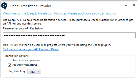DeepL Translation Provider settings window with 'Preserve formatting' checked and 'Tag handling' set to HTML.