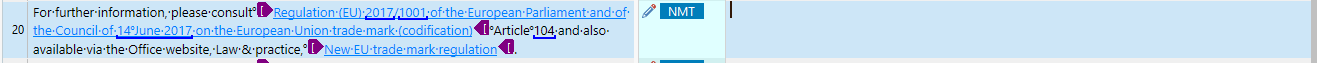 Screenshot of a translation interface with a segment containing EU regulation text, showing an empty translation field.