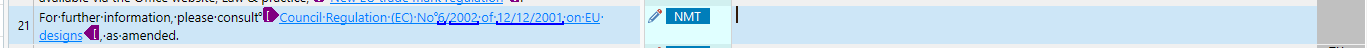 Screenshot of a translation interface with a segment referencing Council Regulation (EC) No 62002, showing an empty translation field.