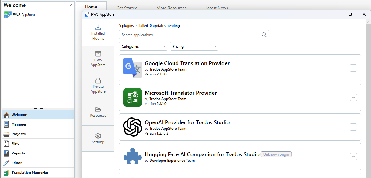 RWS AppStore interface showing installed plugins, including Google Cloud Translation Provider, Microsoft Translator Provider, OpenAI Provider for Trados Studio, and Hugging Face AI Companion.