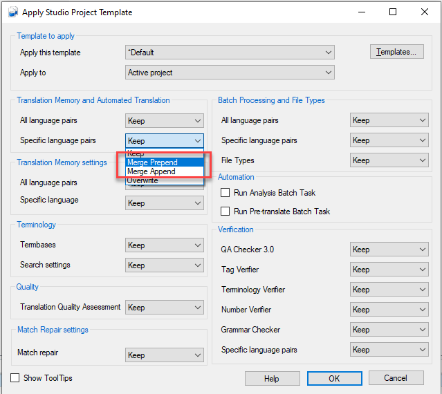 Apply Studio Project Template window showing dropdown options for Translation Memory settings with Merge Prepend and Merge Append highlighted.