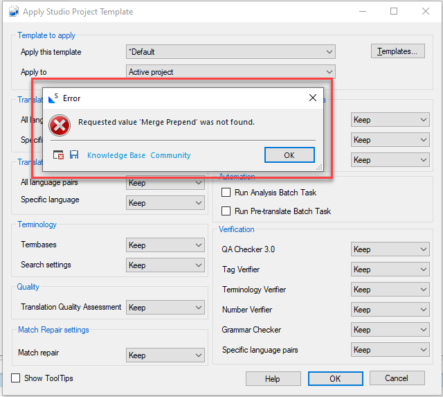 Error message displayed in Apply Studio Project Template window stating 'Requested value Merge Prepend was not found' with OK button and links to Knowledge Base and Community.