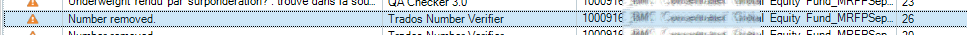 Screenshot of a QA checker interface displaying a warning with the message 'Number removed' under the 'Trados Number Verifier' column.