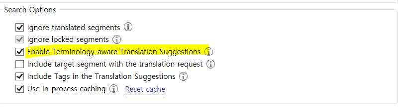 Search Options menu showing 'Enable Terminology-aware Translation Suggestions' checkbox highlighted in yellow, with other options like 'Ignore translated segments' also checked.